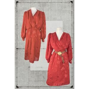Vintage 70s Act I Carnelian Red Blouson Surplice Poet Sleeve Dress Size L